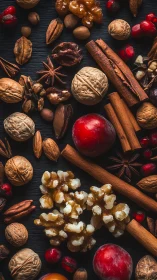 Top view arranges nuts, spices and fruits on dark surface