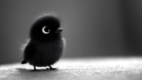 Black bird with crescent moon eye element in grayscale.