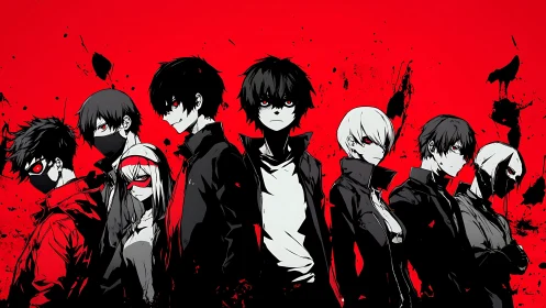 Dark anime squad stands against blood-red splattered sky.