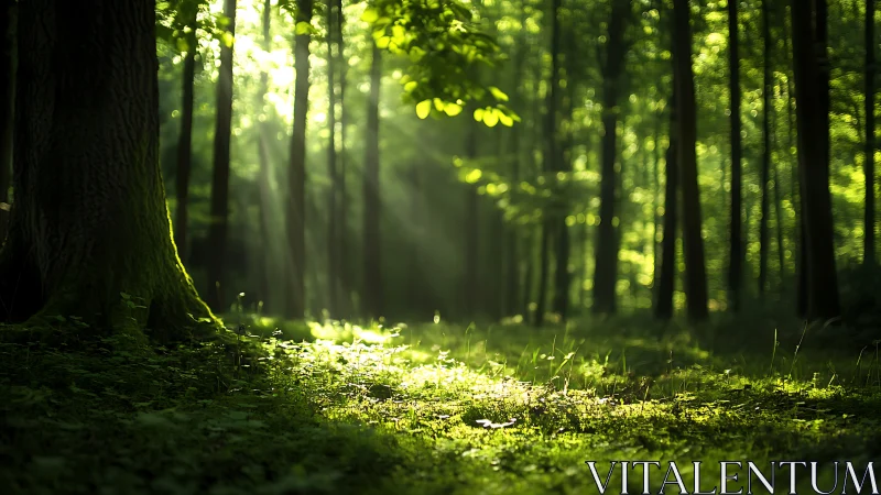 Sunlit Forest Floor with Lush Greenery in Morning Light, Realistic Style.
