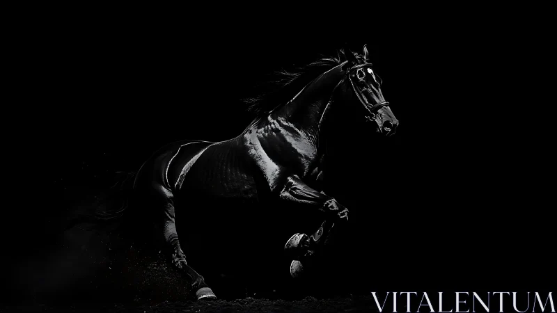 Black horse running in stark low key studio lighting.