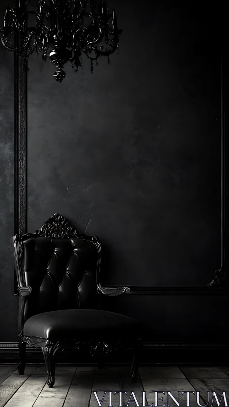Dark interior shows black chair and chandelier arrangement
