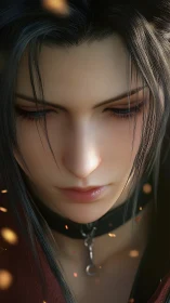 Brooding fantasy character lit by drifting golden embers.