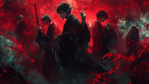 Dark anime sorcerers amid red cursed energy storm.