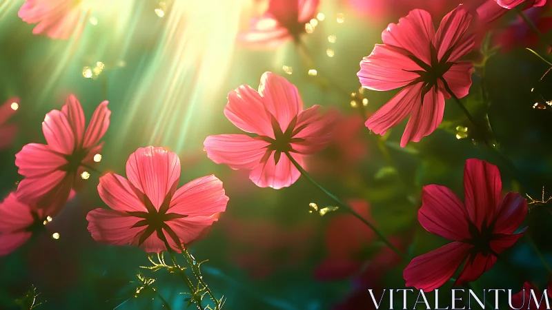Radiant Pink Cosmos Flowers Glowing in Golden Light.