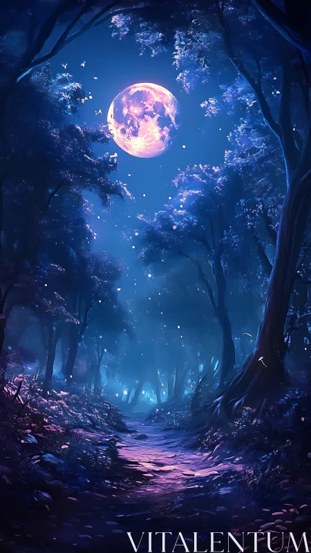 Luminous Full Moon Rising Through Enchanted Forest Canopy