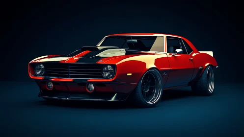 Red classic muscle car with racing stripes on dark background.