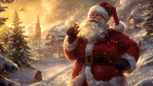 Santa Claus walks through a glowing snowy Christmas village