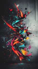 Explosive neon ribbons twist across a dark concrete wall.