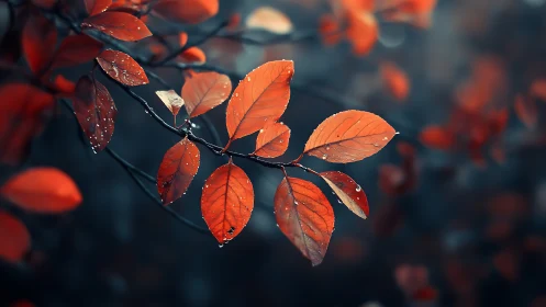 Red autumn leaves with raindrops against dark blurred background.