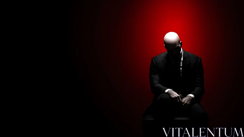 Bald suited figure in chiaroscuro against red haloed void.