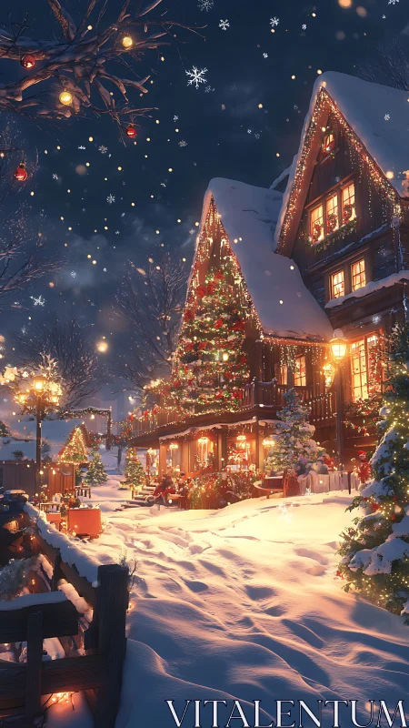 Snowy Christmas cottage glows with festive winter lights.