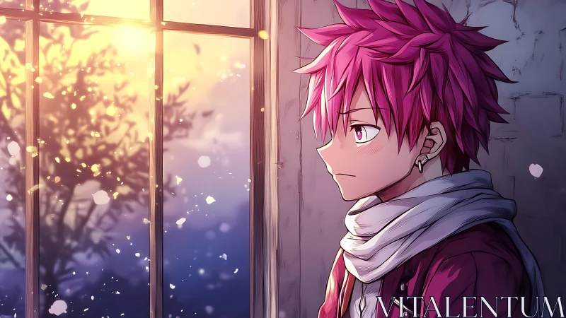 Melancholic anime boy watches a glowing sunset snowfall