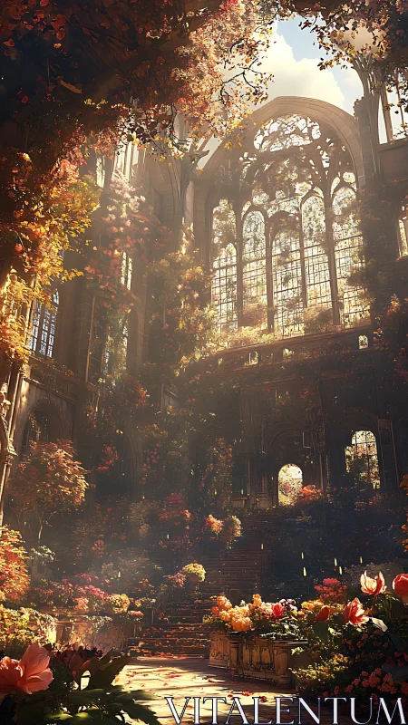 Sunlit cathedral garden overruns grand gothic interior.