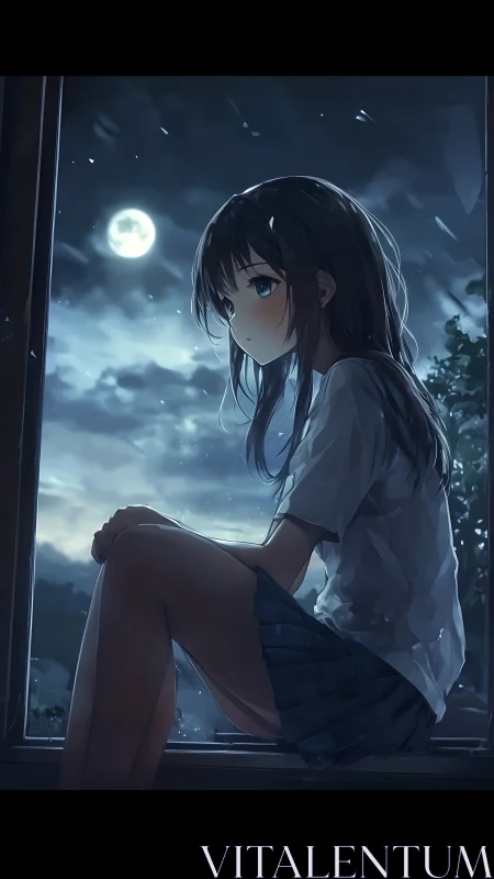 Moonlit anime girl gazes through rain at a brooding night sky