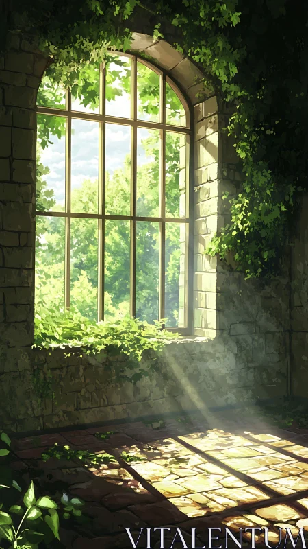 Sunlit ivy turns a forgotten stone room into a quiet garden