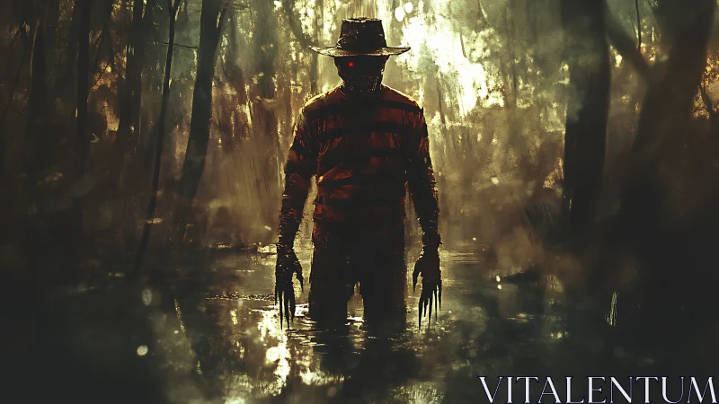 Dark clawed figure standing in eerie flooded forest.