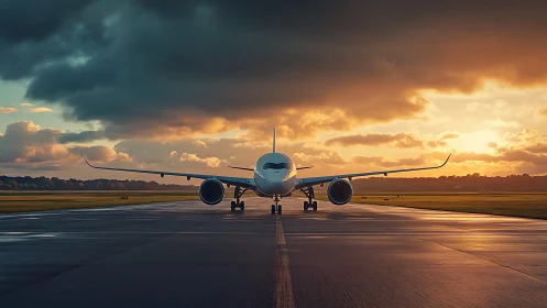 Sunset runway welcome with a calm, waiting airplane.