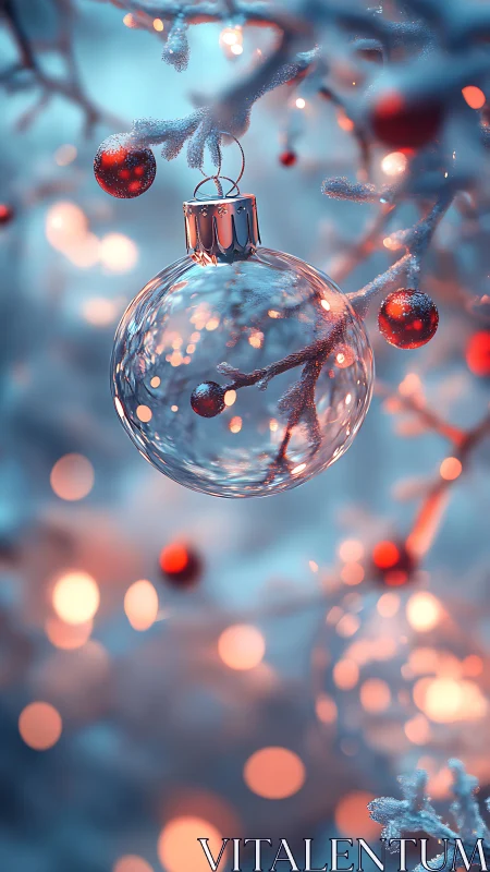 Glass ornament hangs among frosted branches and blurred lights