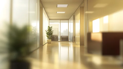 Sunlit modern office corridor with glass walls and plants.