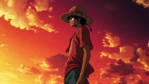 Anime boy in straw hat stands against vivid sunset sky