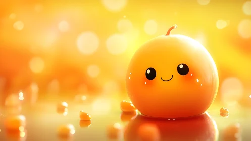 Smiling orange sphere character sits on reflective yellow surface