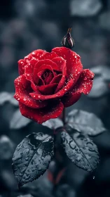 Crimson bloom with dewdrops, moody garden scene against grey