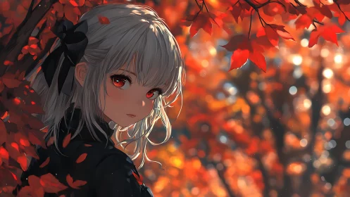 Silver haired anime girl lingers beneath glowing autumn leaves