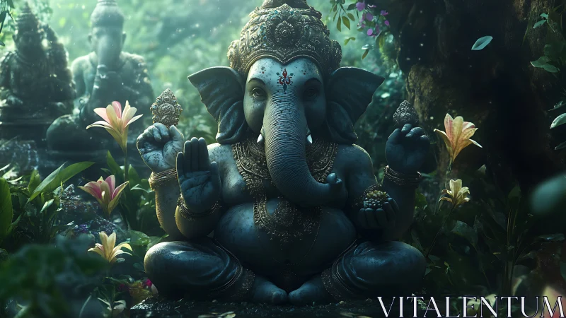 Ganesh statue sits in lush forest clearing with soft light
