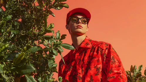High-fashion portrait contrasts red streetwear against foliage