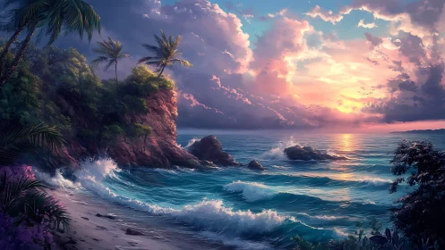Tropical Sunset Cliffs with Crashing Waves.
