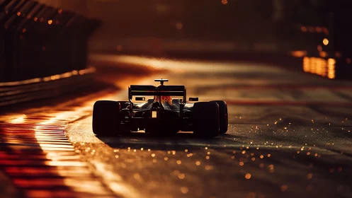 Formula race car on circuit at sunset with glowing sparks.
