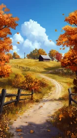 Golden autumn lane leading to a cozy countryside barn.