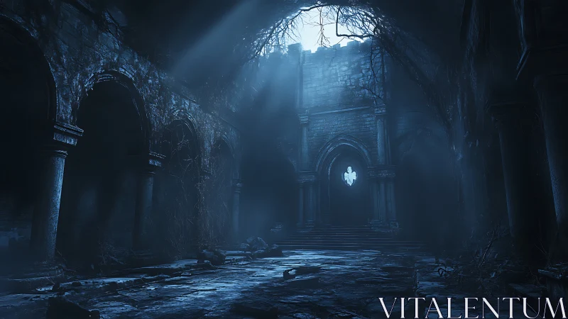 Nocturnal volumetric light in decayed gothic nave ruins.