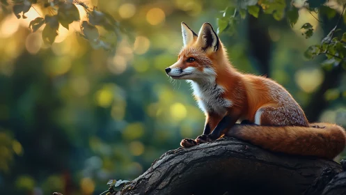 Gentle forest fox resting on a sunlit mossy tree trunk.