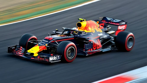 Formula race car on track with Red Bull livery in motion.