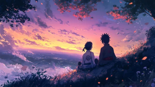 Two anime friends watch a vivid sunset over distant city.