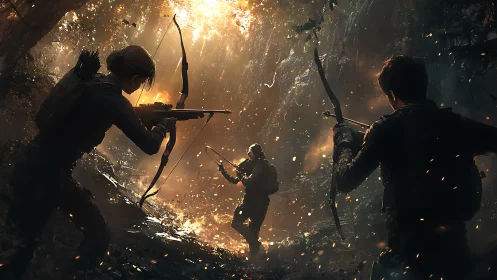 Stealth archers advancing through ember lit jungle dusk.