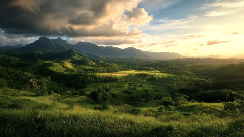 Sunlit valley dreams beneath brooding emerald mountains.