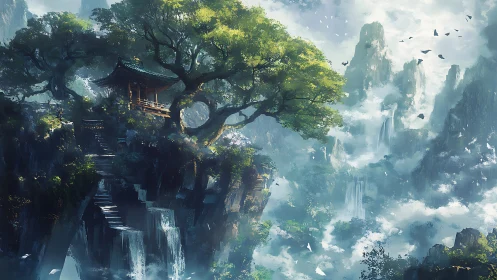 Mountain temple crowns misty cliffs under radiant canopy.