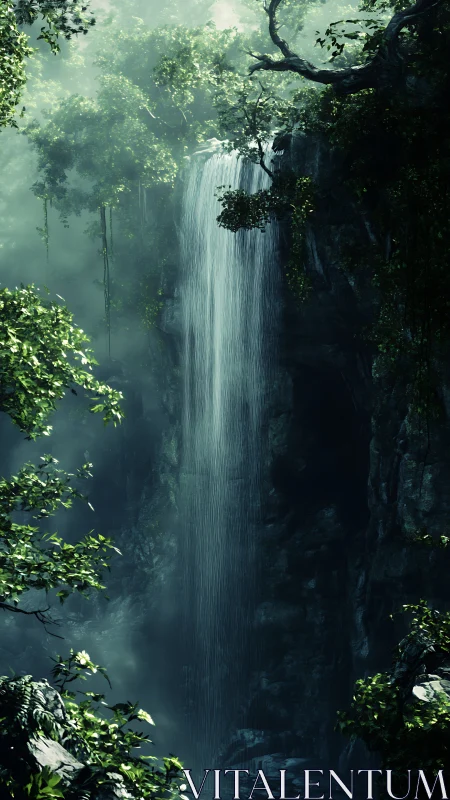 Misty Waterfall Cascading Through Ancient Forest Canyon