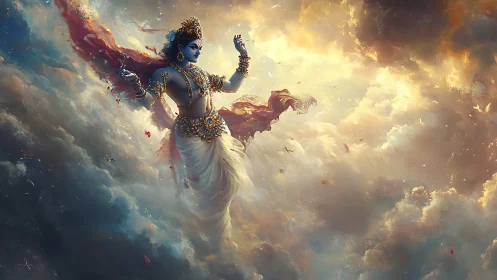 Celestial deity dances through luminous storm clouds in motion