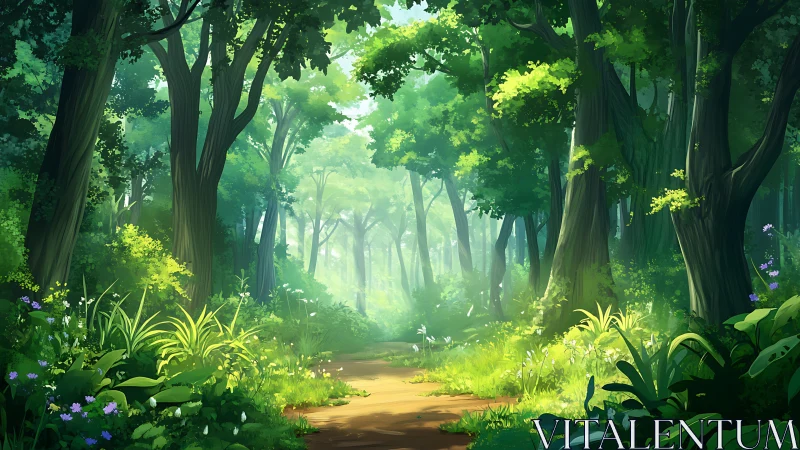 Digitally rendered forest pathway with layered tree canopy and atmospheric light