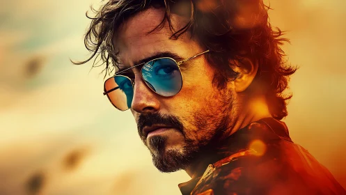 Man wearing reflective sunglasses looks back in warm light