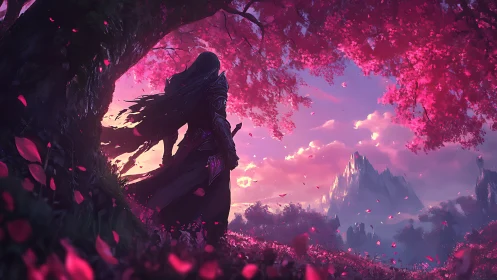 Dark wanderer surveys luminous pink valley at dusk