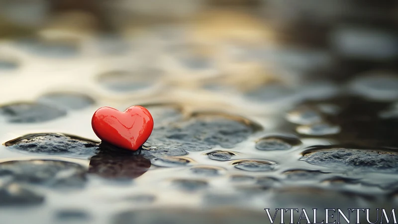 Red Heart-Shaped Object Positioned on Wet Stone Surface