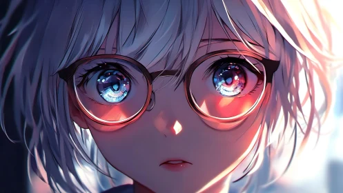 Close-up anime portrait of silver-haired girl with glowing glasses.