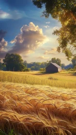 Golden barley field at sunset with barn and cumulus cloudbank