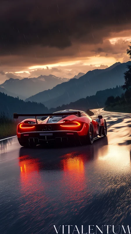Red hypercar cuts wet mountain road under storm skies.