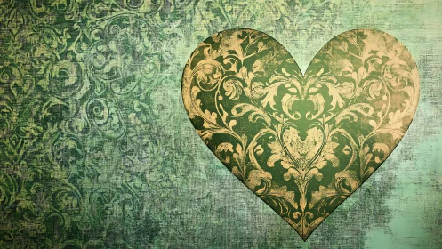Ornate Golden Heart on Damask Textile Background.